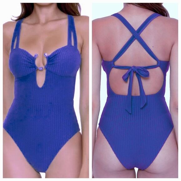 Becca by Rebecca Virtue Women's Line in Sand Bandeau One Piece Swimsuit Size L - Picture 1 of 12